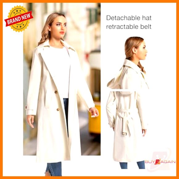 Waterproof Trench Coat Double Breasted Classic Lapel Belt Removable Hood Elegant - Picture 3 of 6